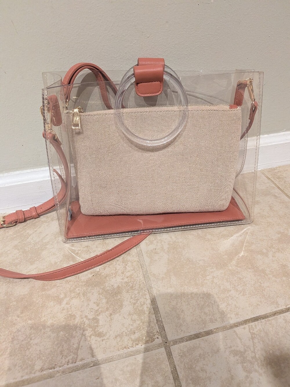 Madison West Clear Tote with Peach Trim and Removable Canvas Pouch
